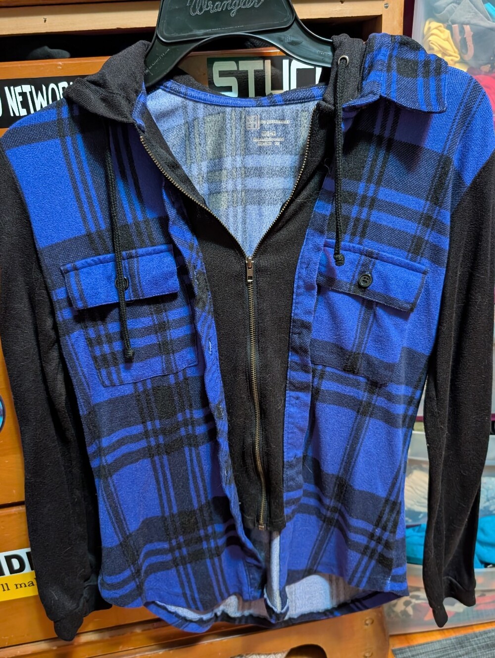 Women’s Black & Blueish/Purple Plaid Hooded Jacket!